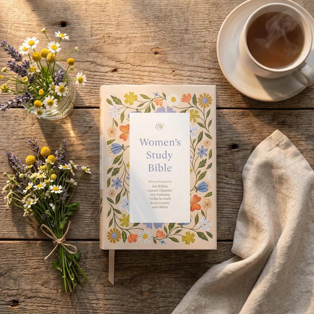 Floral ESV Women's Study Bible on a wooden table beside coffee, small yellow flowers and a woven cloth.