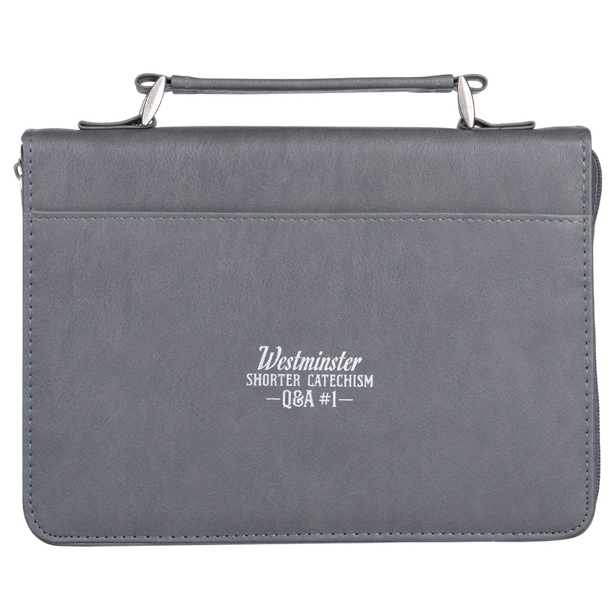 Back pocket of gray Glorify God Bible cover with Westminster Shorter Catechism reference