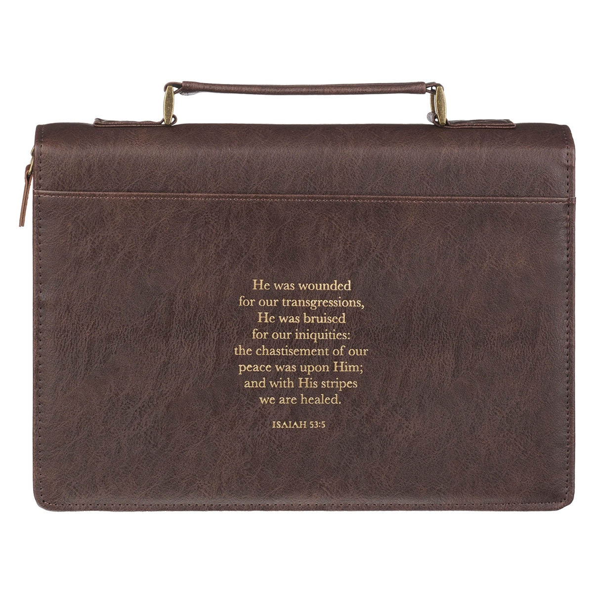 Back of brown Crown of Thorns Bible cover with gold Isaiah 53:5 text and slip pocket