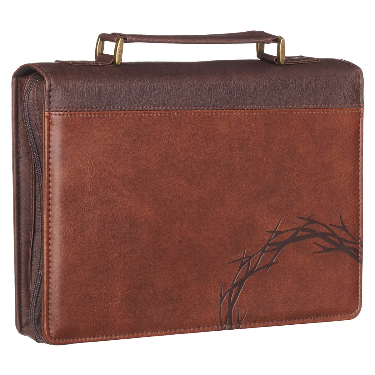 Angled view of brown Crown of Thorns Bible cover showing handle and zipper