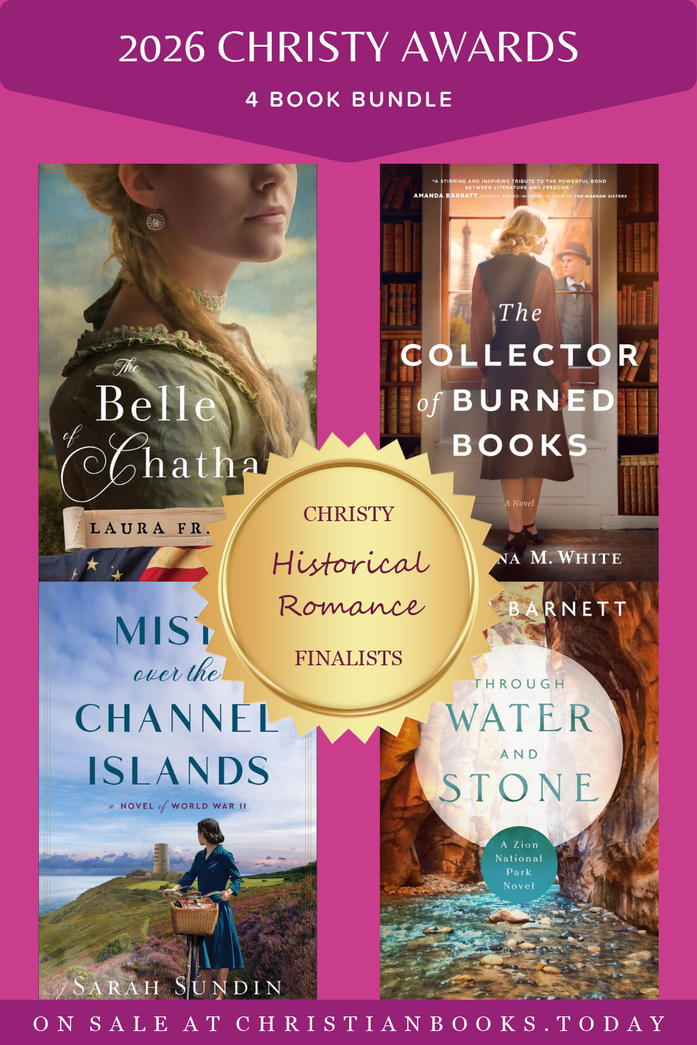 2026 Christy Awards Historical Romance 4-book bundle with book covers and a gold finalist seal on a pink background.