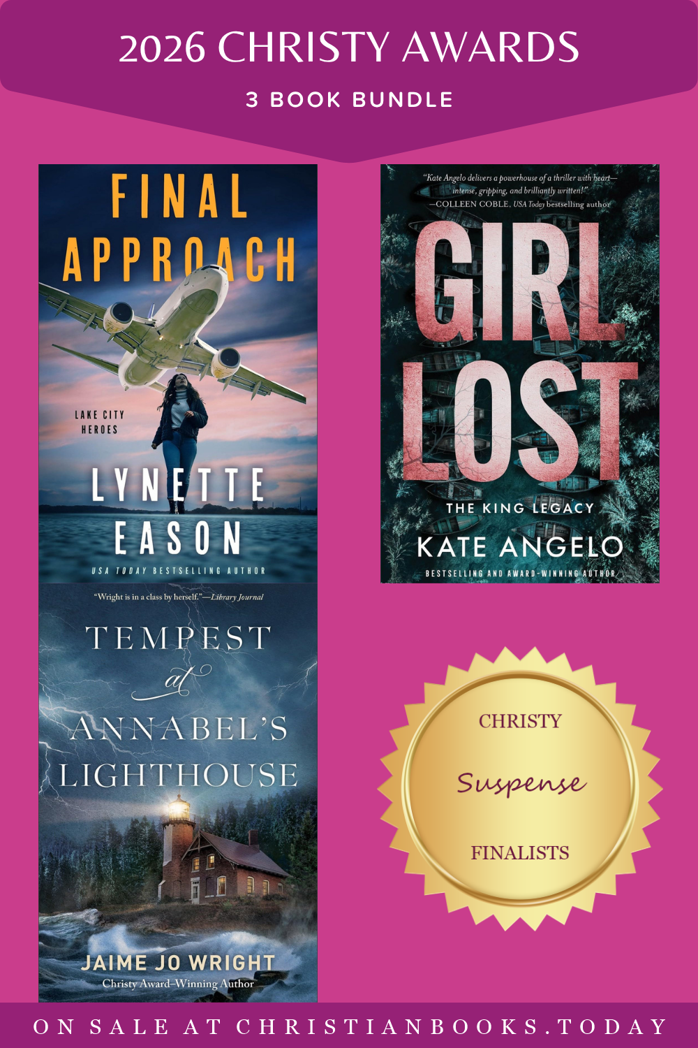 2026 Christy Awards Suspense 3-book bundle with book covers and a gold finalist seal on a pink background.