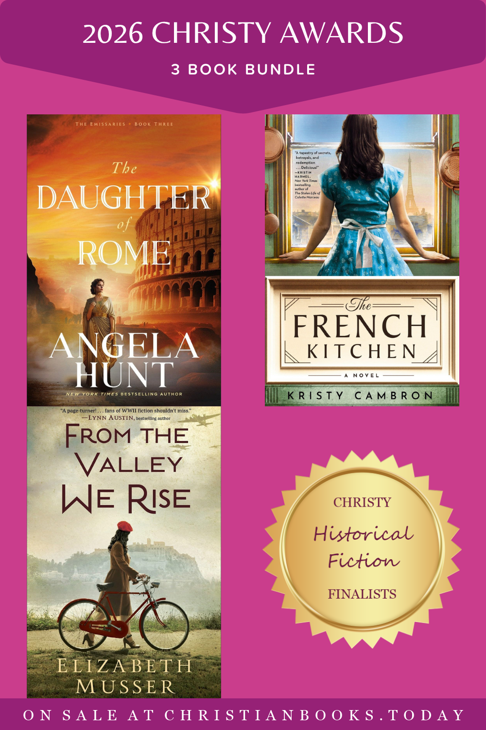 2026 Christy Awards Historical Fiction 3-book bundle with book covers and a gold finalist seal on a pink background.