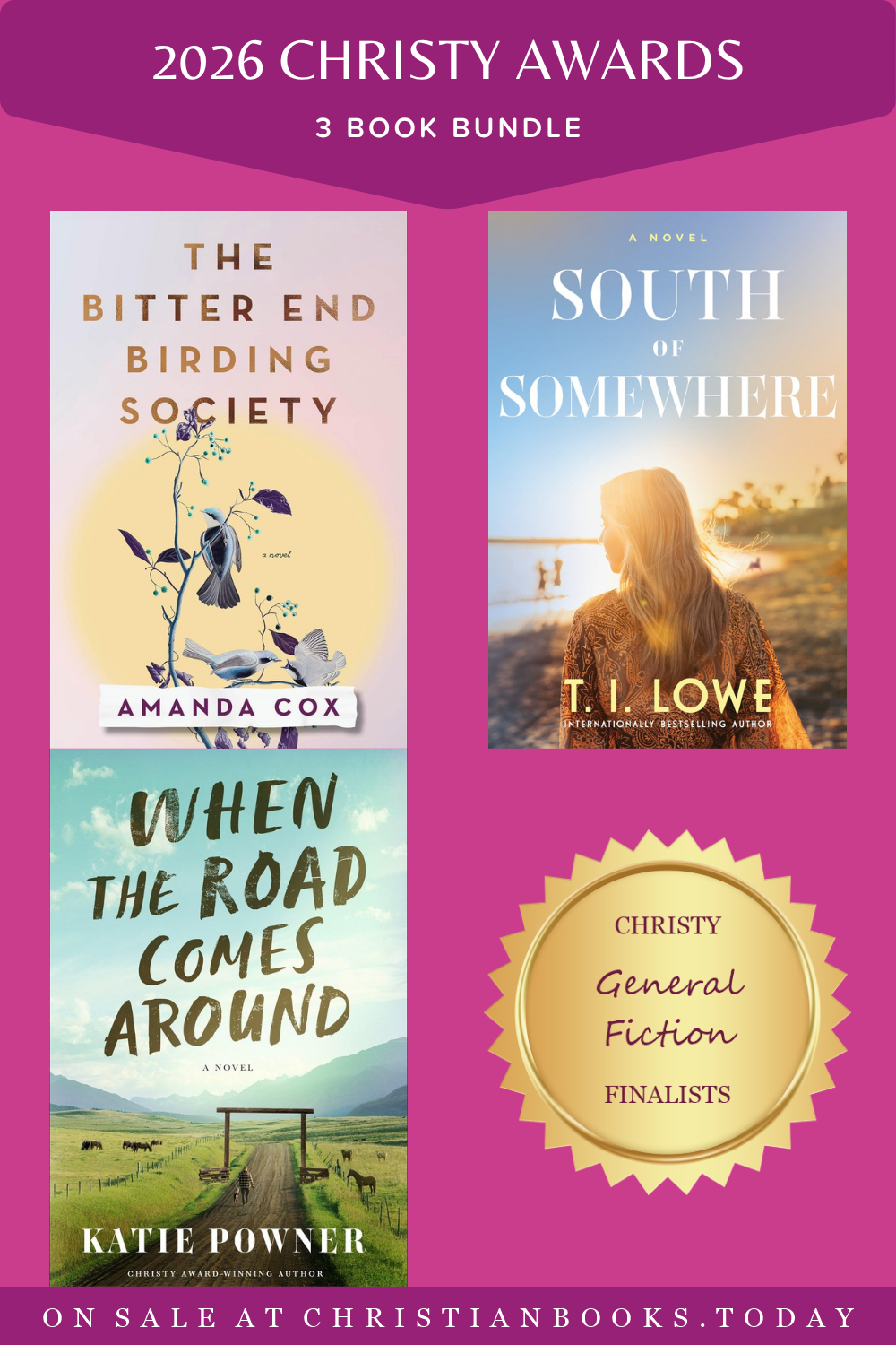 2026 Christy Awards General Fiction 3-book bundle with book covers and a gold finalist seal on a pink background.