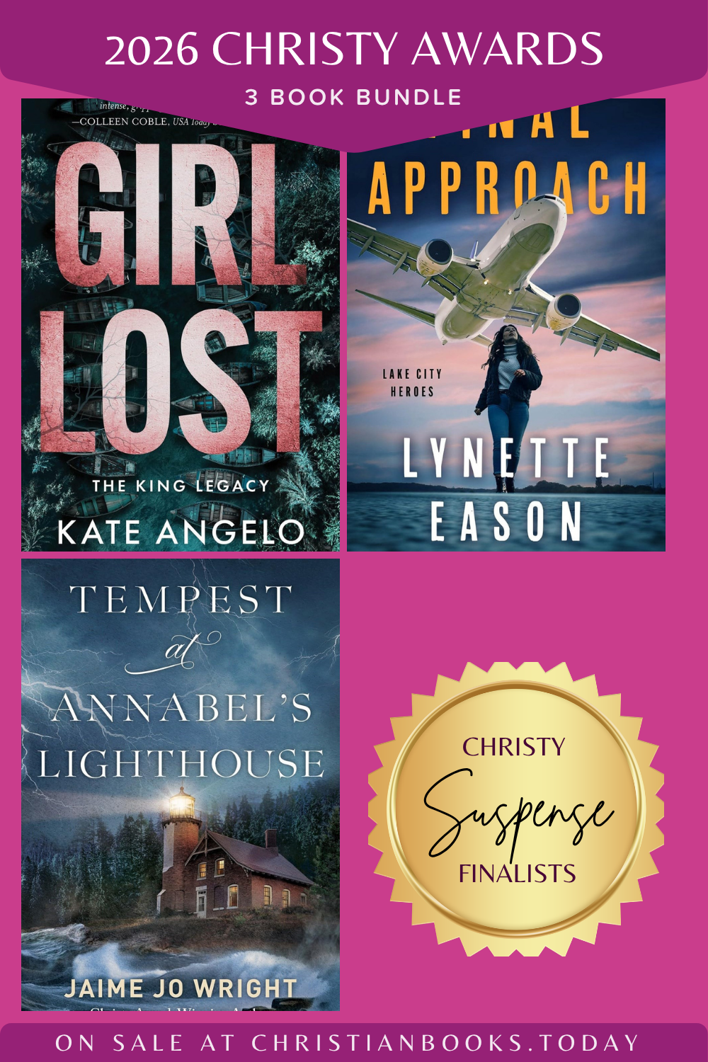 2026 Christy Award suspense finalists: Girl Lost by Kate Angelo at upper left, Final Approach by Lynette Eason at upper right, and Tempest at Annabel's Lighthouse by Jaime Jo Wright below.