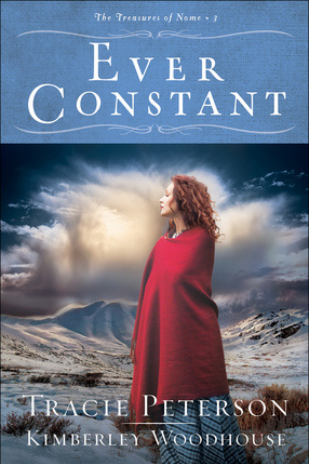 Book cover of 'Ever Constant' with a woman in a red cloak against a mountainous landscape.