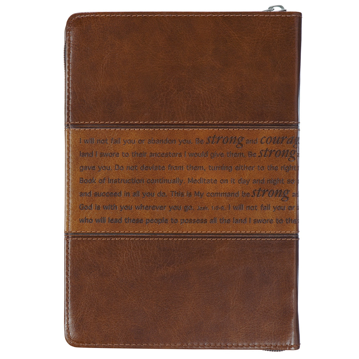Back of Strong and Courageous brown journal showing its wraparound Joshua Scripture design