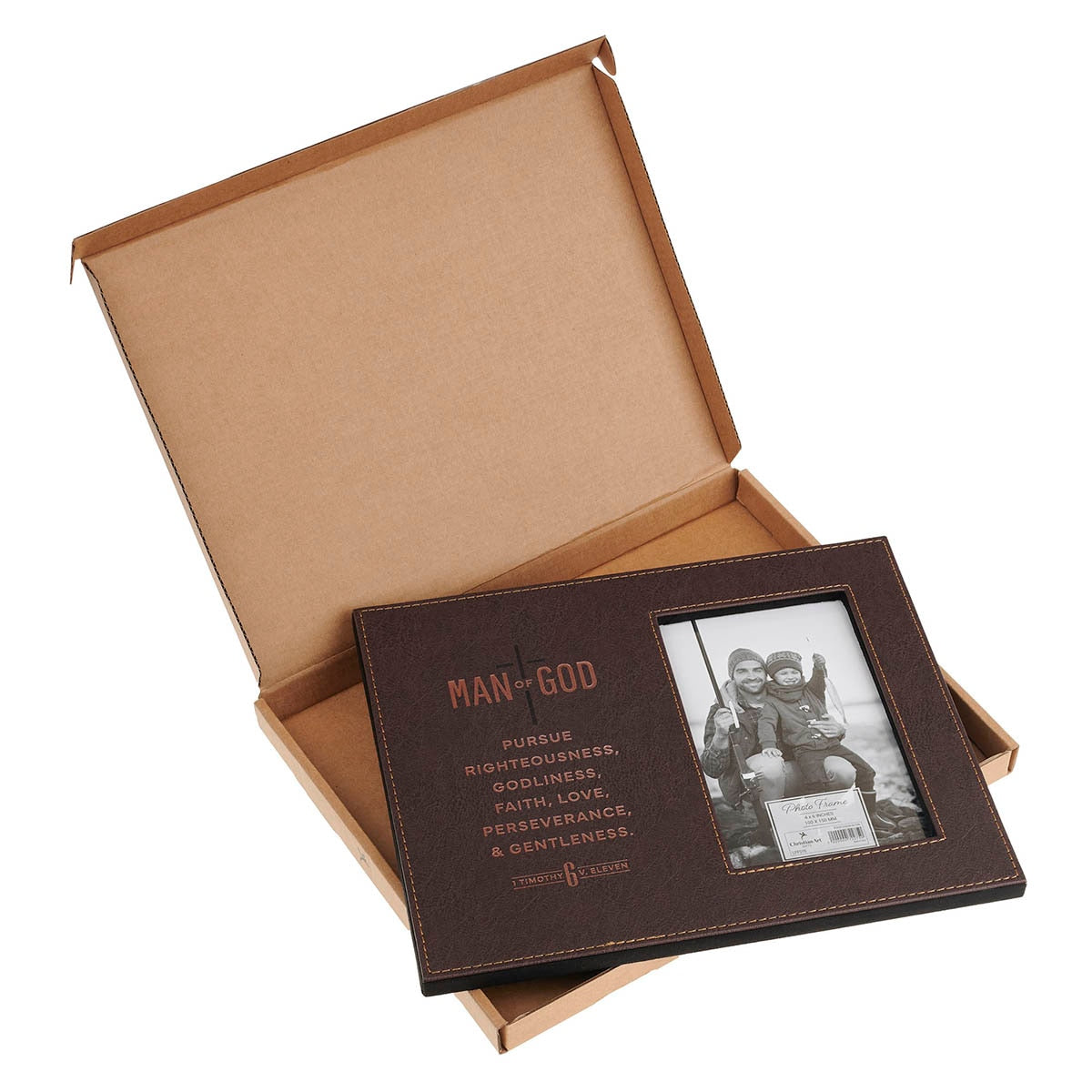 Man of God Brown Faux Leather Photo Frame - open view