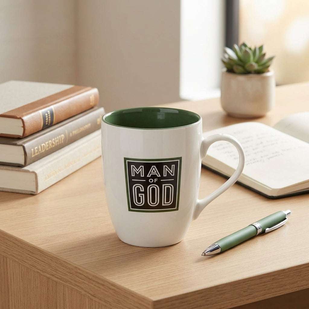White Man of God mug with a green interior on a light wooden desk beside books, a notebook and a pen.