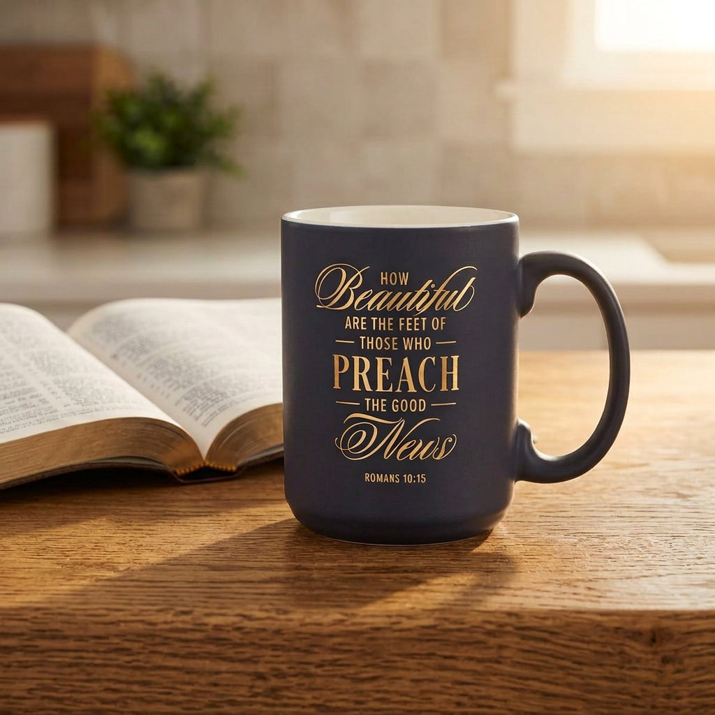 Navy How Beautiful Are the Feet Pastor mug on a wooden table beside an open Bible.