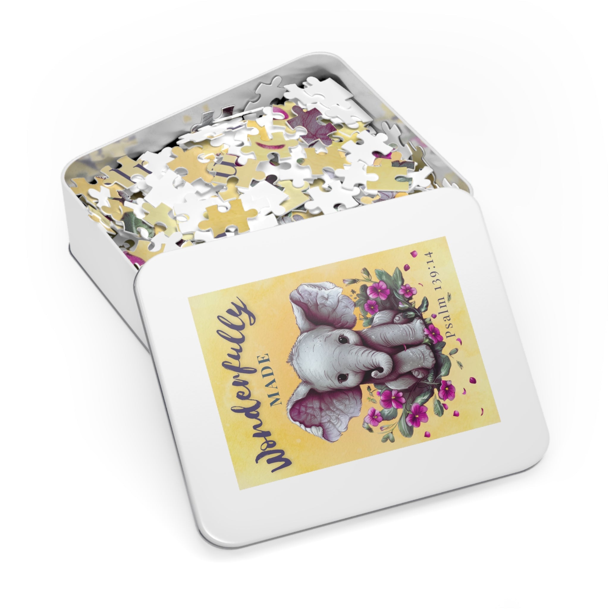 Psalm 139:14 “Wonderfully Made” 500-Piece Christian Puzzle Tin | Baby Elephant Art Printify