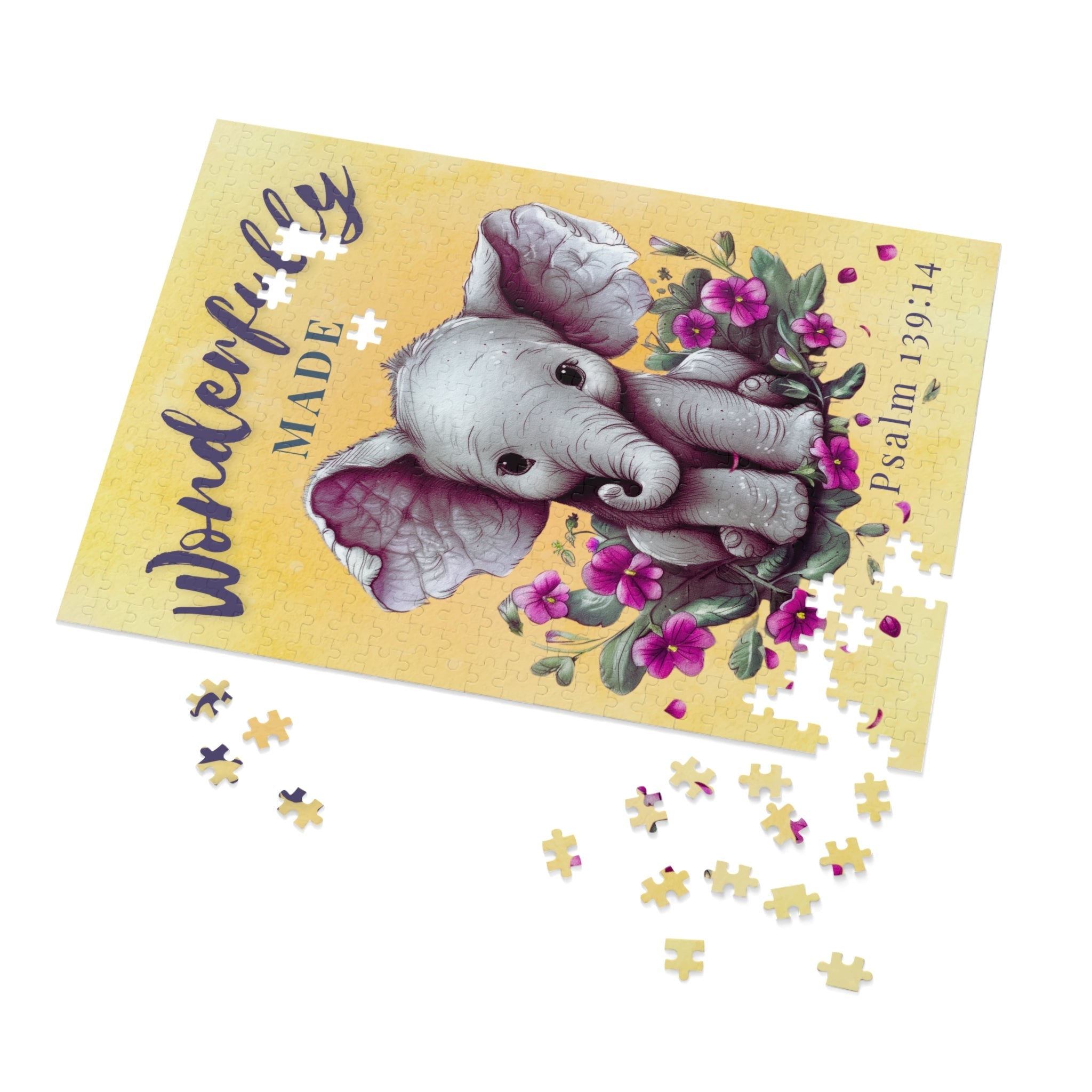 Psalm 139:14 “Wonderfully Made” 500-Piece Christian Puzzle Tin | Baby Elephant Art Printify