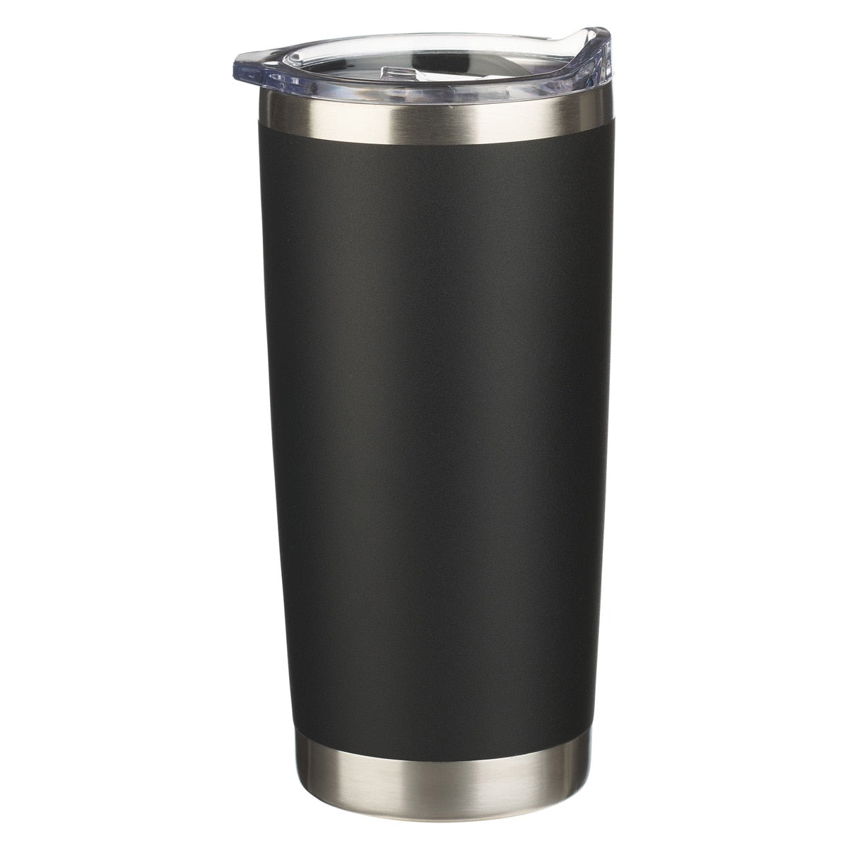 Plain black back of the I Know the Plans Tumbler with stainless steel bands and a clear lid.