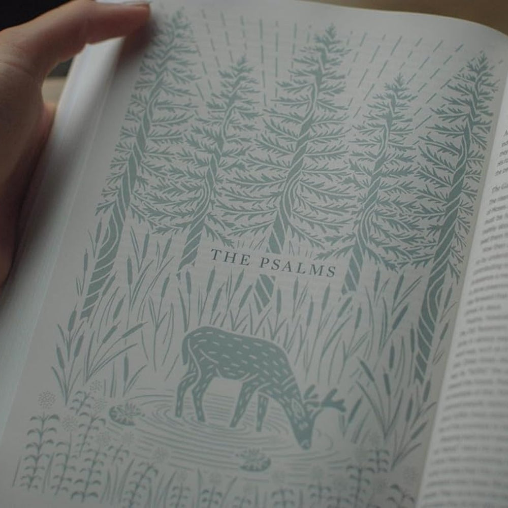 Illustrated Psalms opening page with trees and a deer inside the ESV Applying the Gospel Study Bible for Women, beside its book introduction.