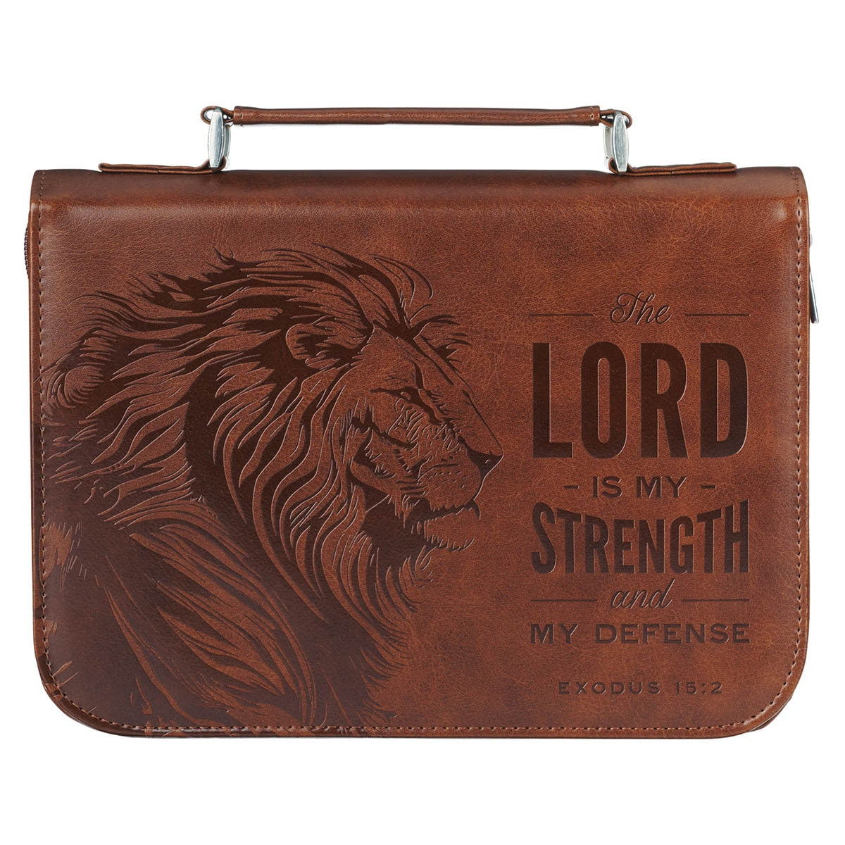 Front of large honey-brown Bible cover with a lion and The Lord Is My Strength message from Exodus 15:2