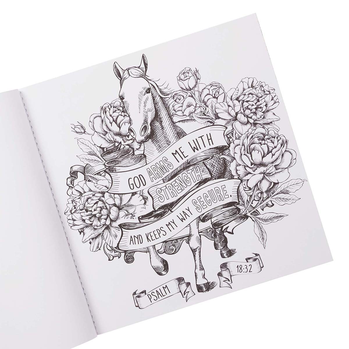 Open Be Still & Know coloring book showing the Psalm 18:32 horse and floral line-art design.