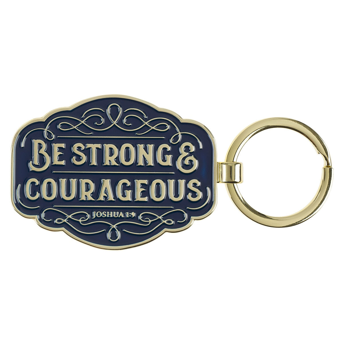 Blue and gold-tone Be Strong and Courageous keychain with Joshua 1:9 and scrollwork
