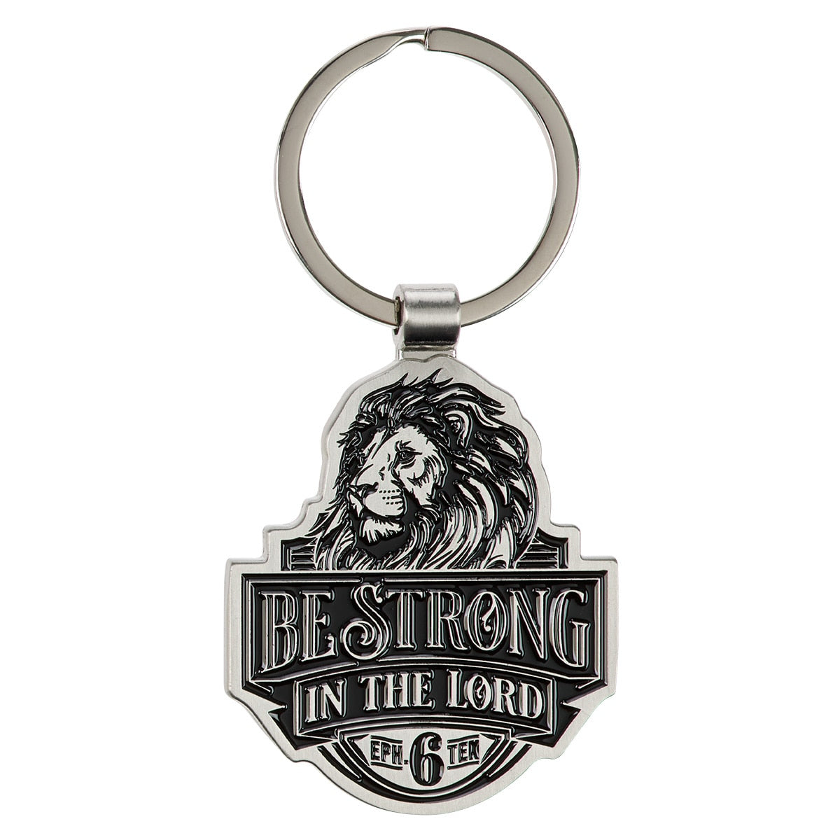 Silver and black lion keychain with Be Strong in the Lord and Ephesians 6:10