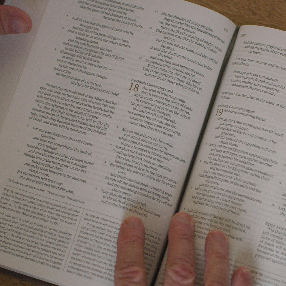 Close-up of Scripture and gospel-centered study notes in the ESV Applying the Gospel Study Bible for Men.