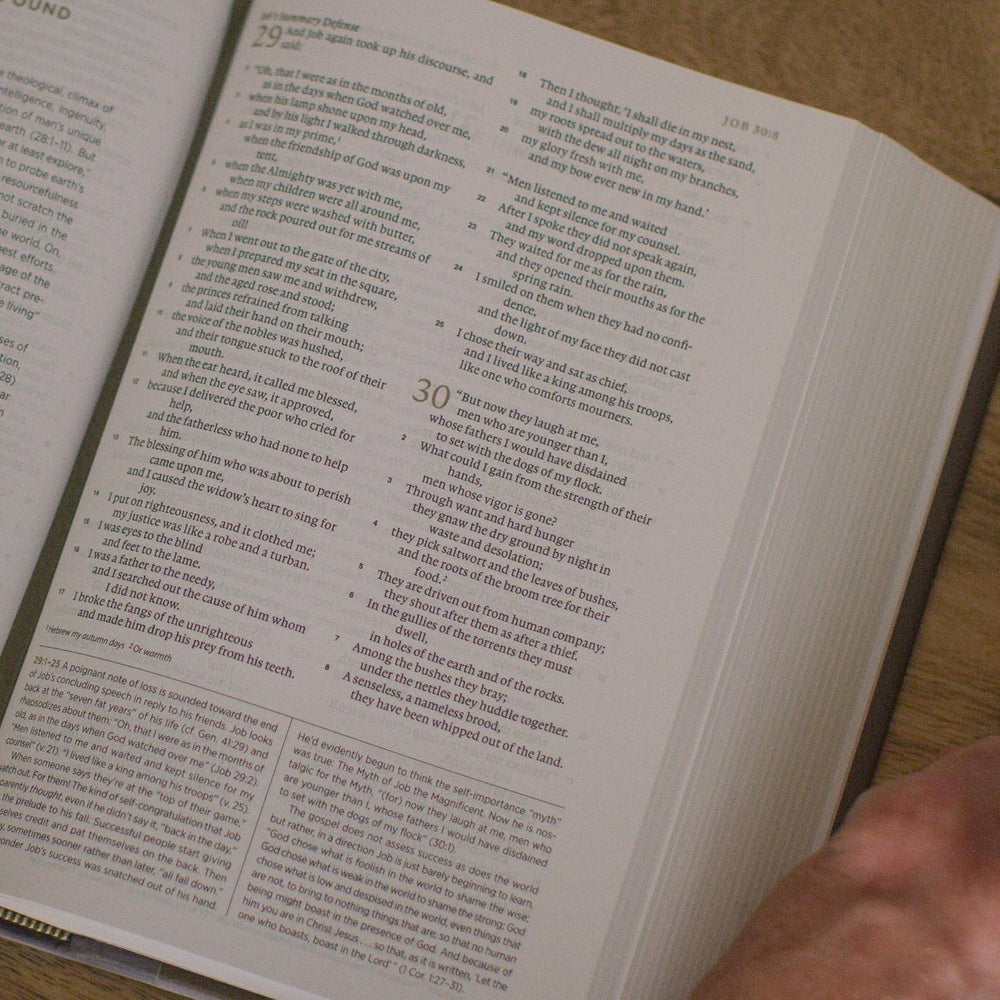 Open ESV Applying the Gospel Study Bible for Men showing Psalm 30 with study notes and a reader holding the page.
