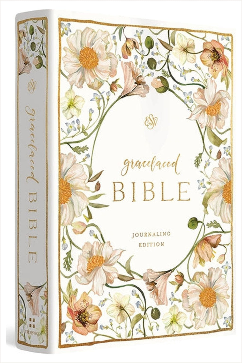 ESV GraceLaced Journaling Bible retail box with a cream background, botanical artwork and gold lettering.