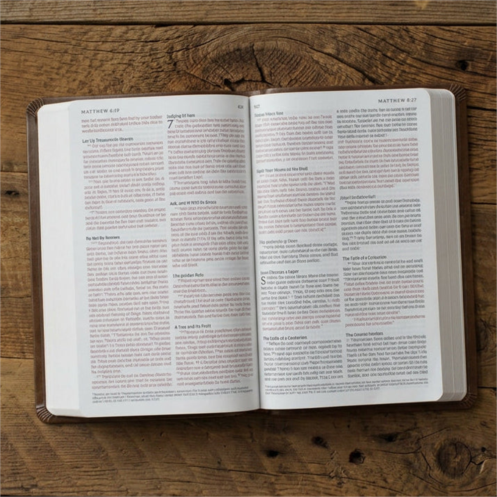 Open ESV Value Thinline Bible on a wooden table, showing its double-column text.