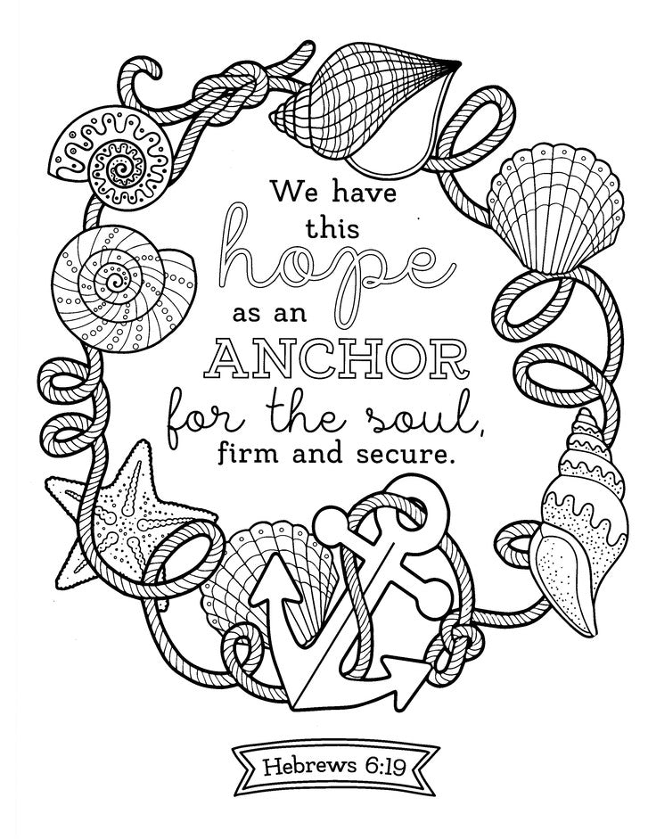 Faith Hope Love sample coloring page showing Hebrews 6:19 with an anchor, shells and rope.
