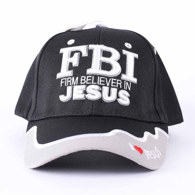 Black FBI Firm Believer in Jesus cap with white lettering and I love Jesus bill detail