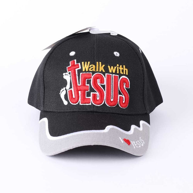 Black Walk with Jesus cap with red cross, white footprints, and embroidered lettering