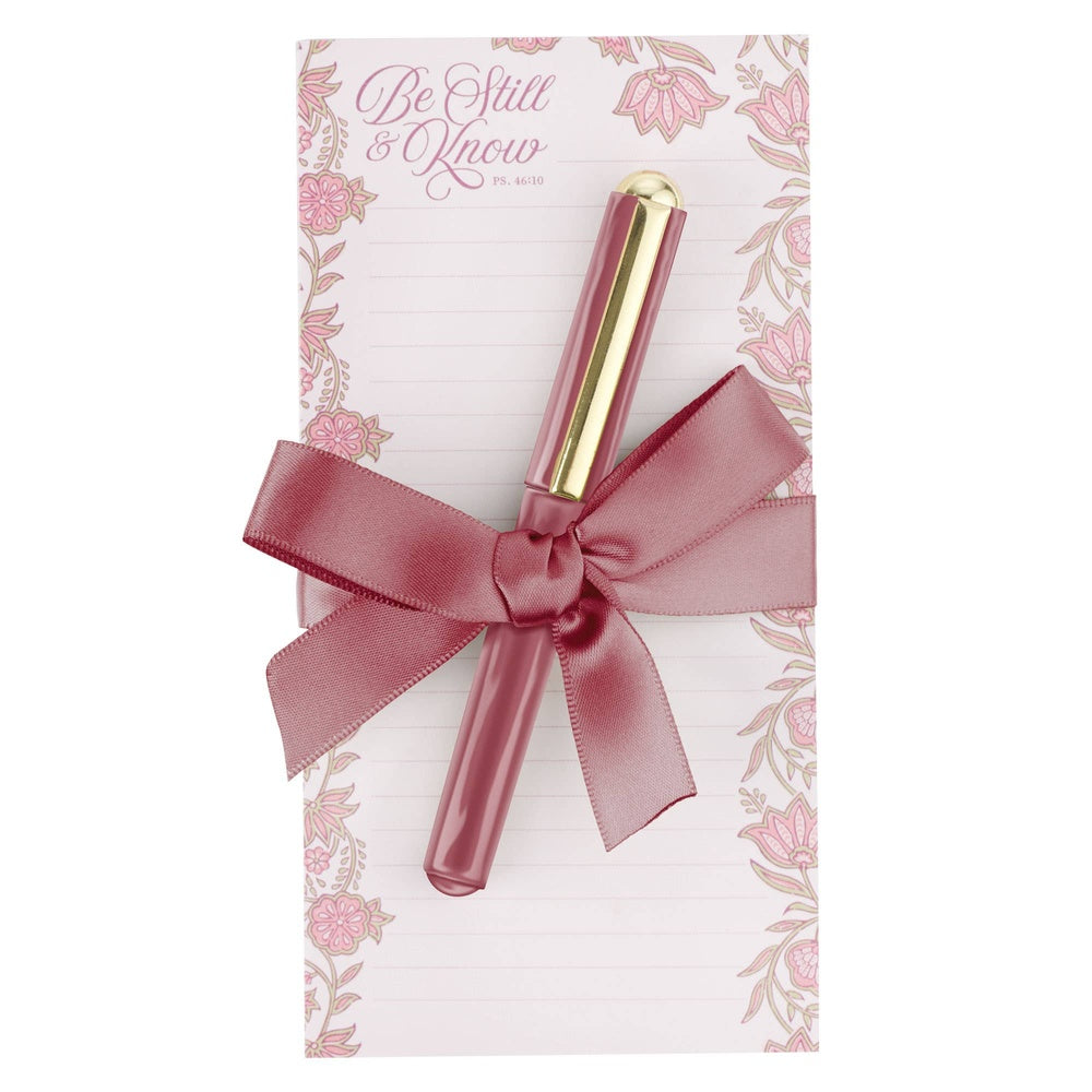 Be Still and Know pink floral magnetic notepad with matching raspberry pen and ribbon, Psalm 46:10