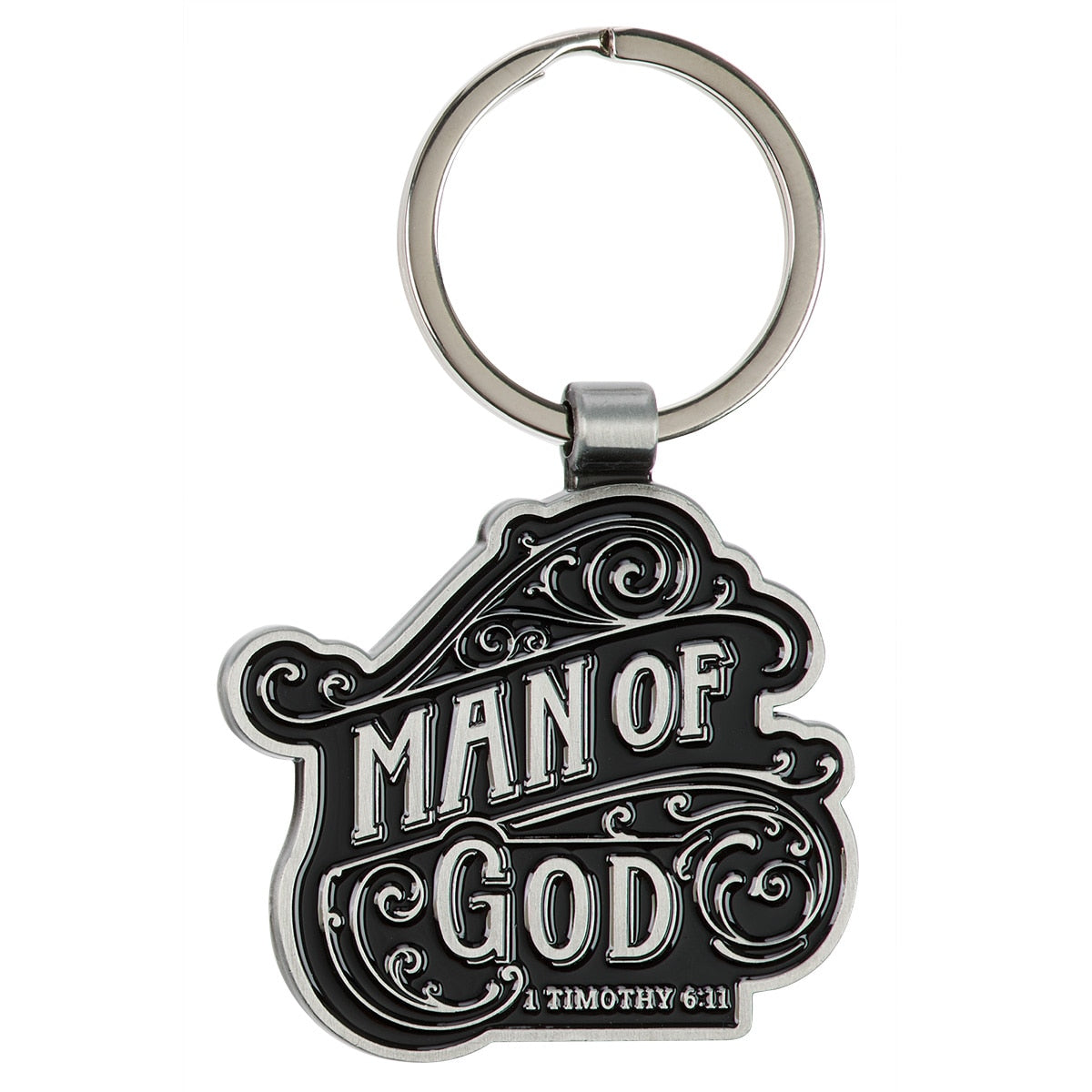 Black and silver Man of God keychain with filigree and 1 Timothy 6:11