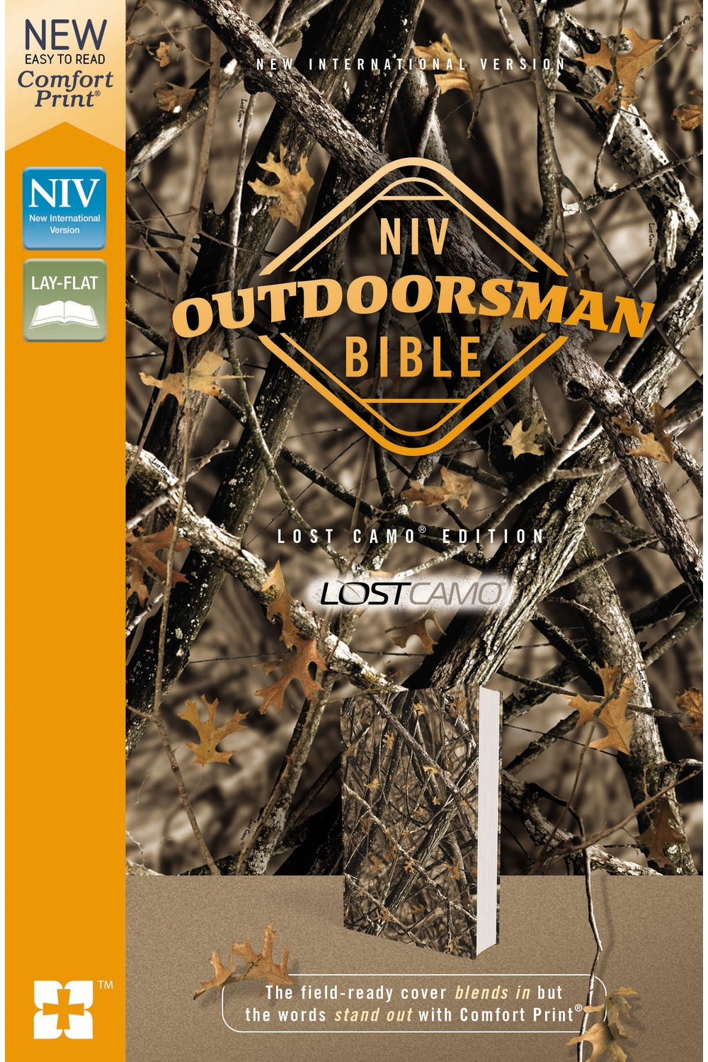 Front of the NIV Outdoorsman Bible Lost Camo retail box, with orange NIV and Comfort Print labels.