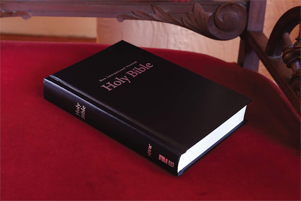 Closed black NIV Value Pew and Worship Bible resting on a red church seat.