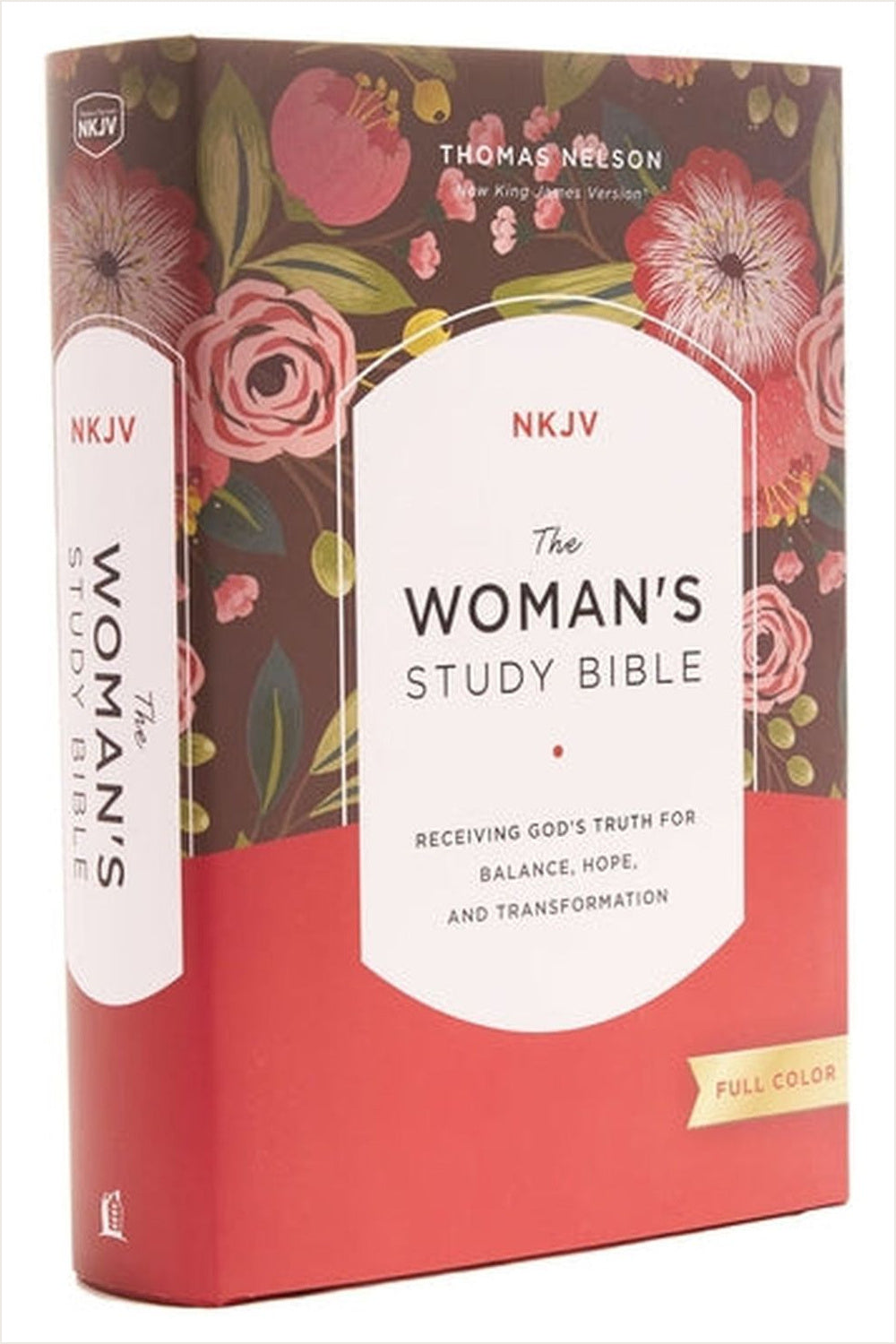 NKJV Woman's Study Bible retail box with a red lower panel, floral artwork and a full-color edition label.