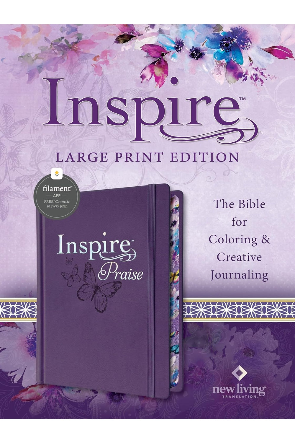Front of the purple NLT Inspire PRAISE Large Print Bible retail box, with watercolor flowers, a Bible cover image and the Filament app symbol.