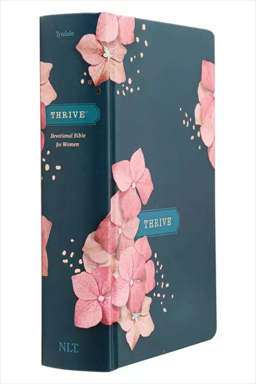 NLT Thrive Devotional Bible for Women with a teal cover, pink blossoms and a matching spine.