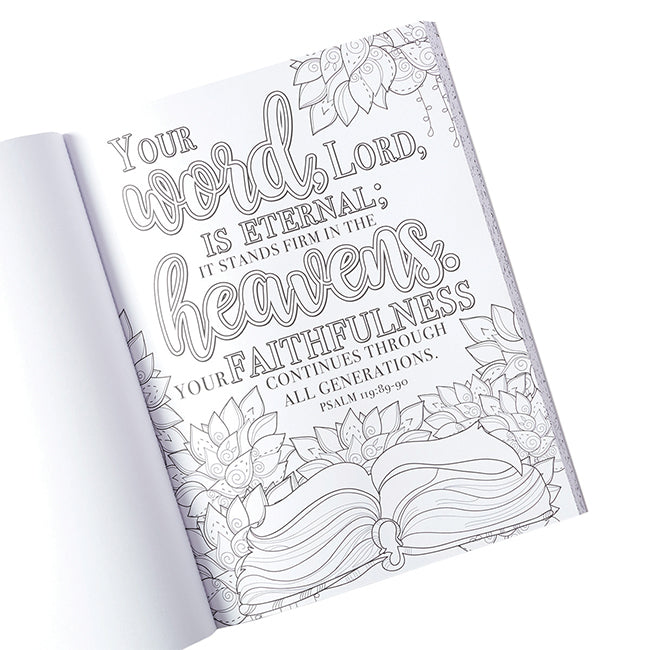 Open Promises to Bless Your Heart coloring book showing Psalm 119:89–90 with floral and open-book line art.