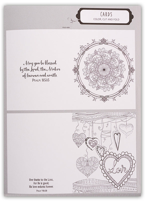 The Psalms in Color sample page with Scripture cards from Psalm 115:15 and Psalm 118:29 to color, cut and fold.