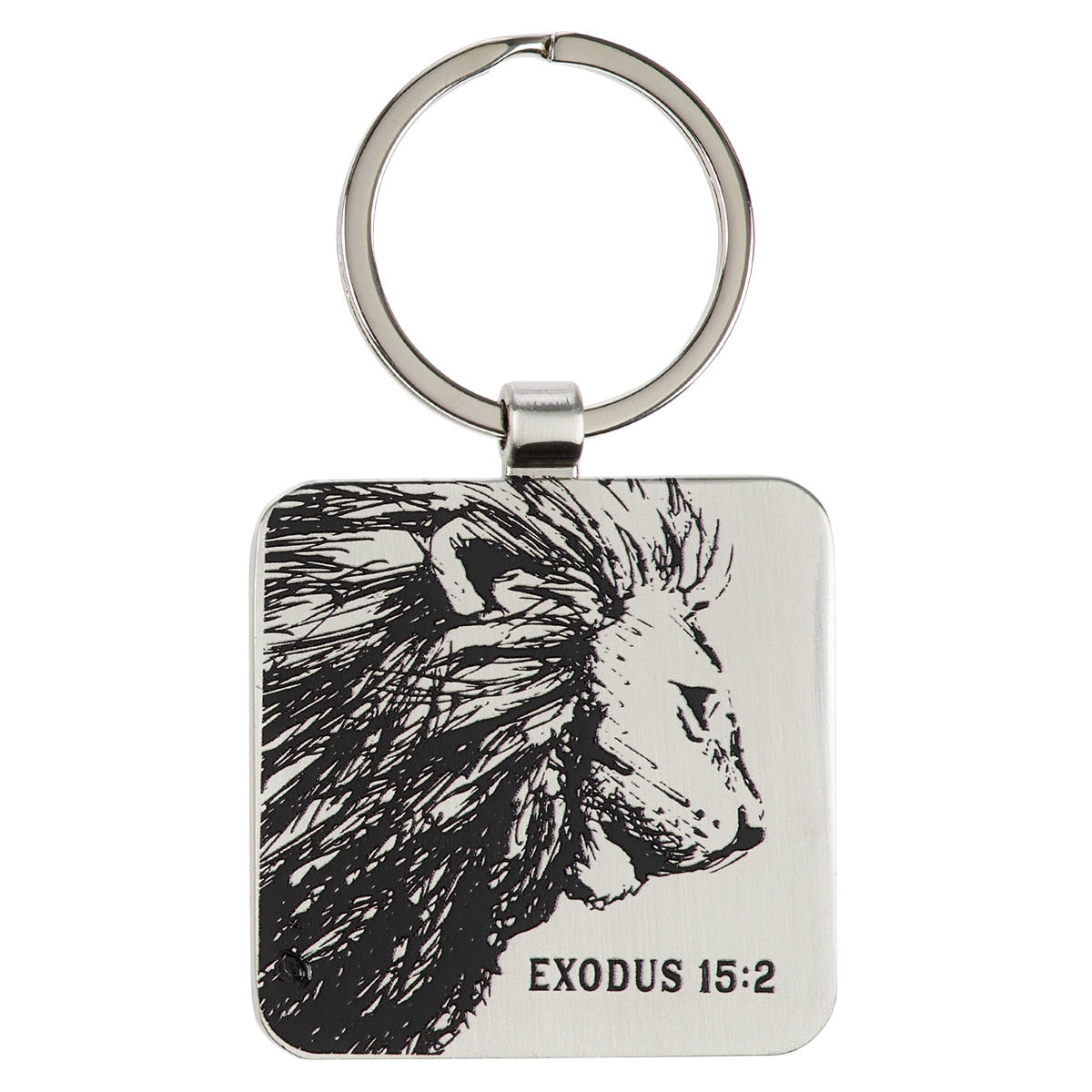 Silver keychain with black lion face and Exodus 15:2 reference
