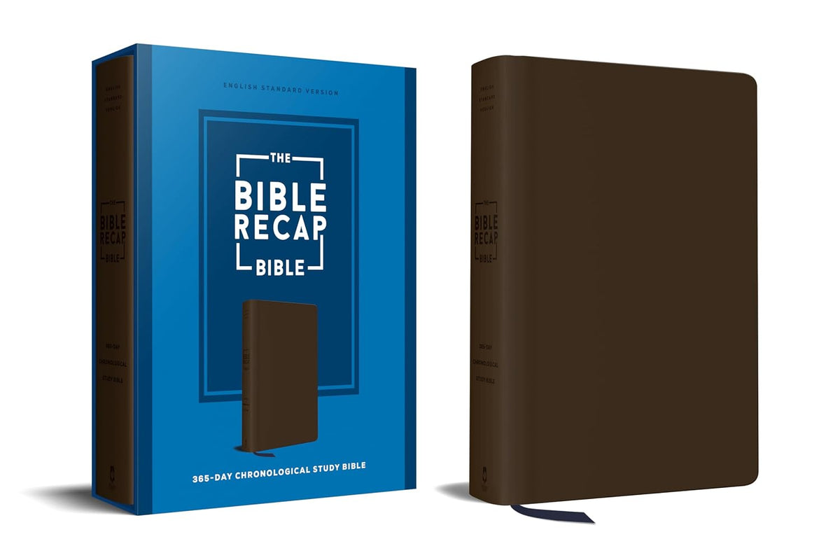 Blue Bible Recap Bible package beside a brown Bible with a ribbon marker.