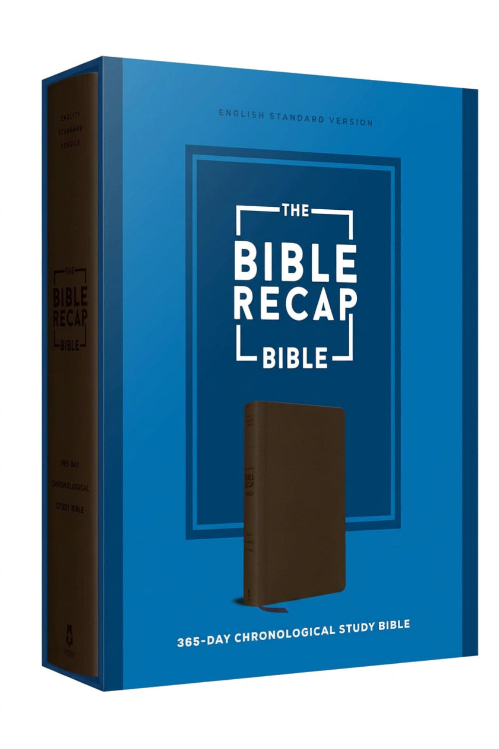 Upright view of The Bible Recap Bible with a blue front panel and brown spine.
