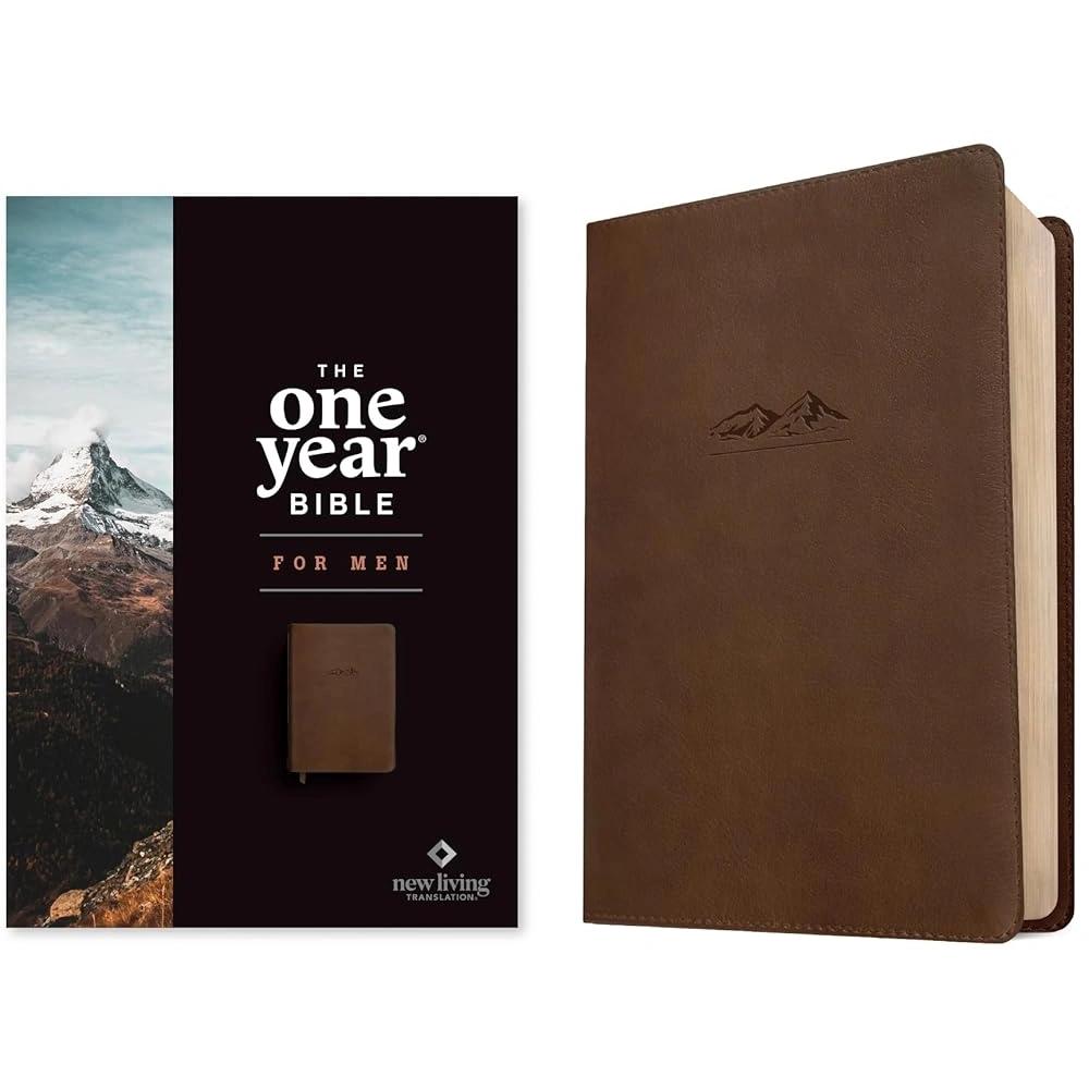 Retail box and cover of The One Year Bible for Men in the New Living Translation.