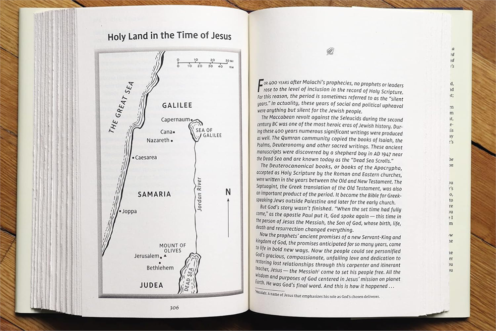 The Story, NIV open to the Holy Land in the Time of Jesus map and its glossary.