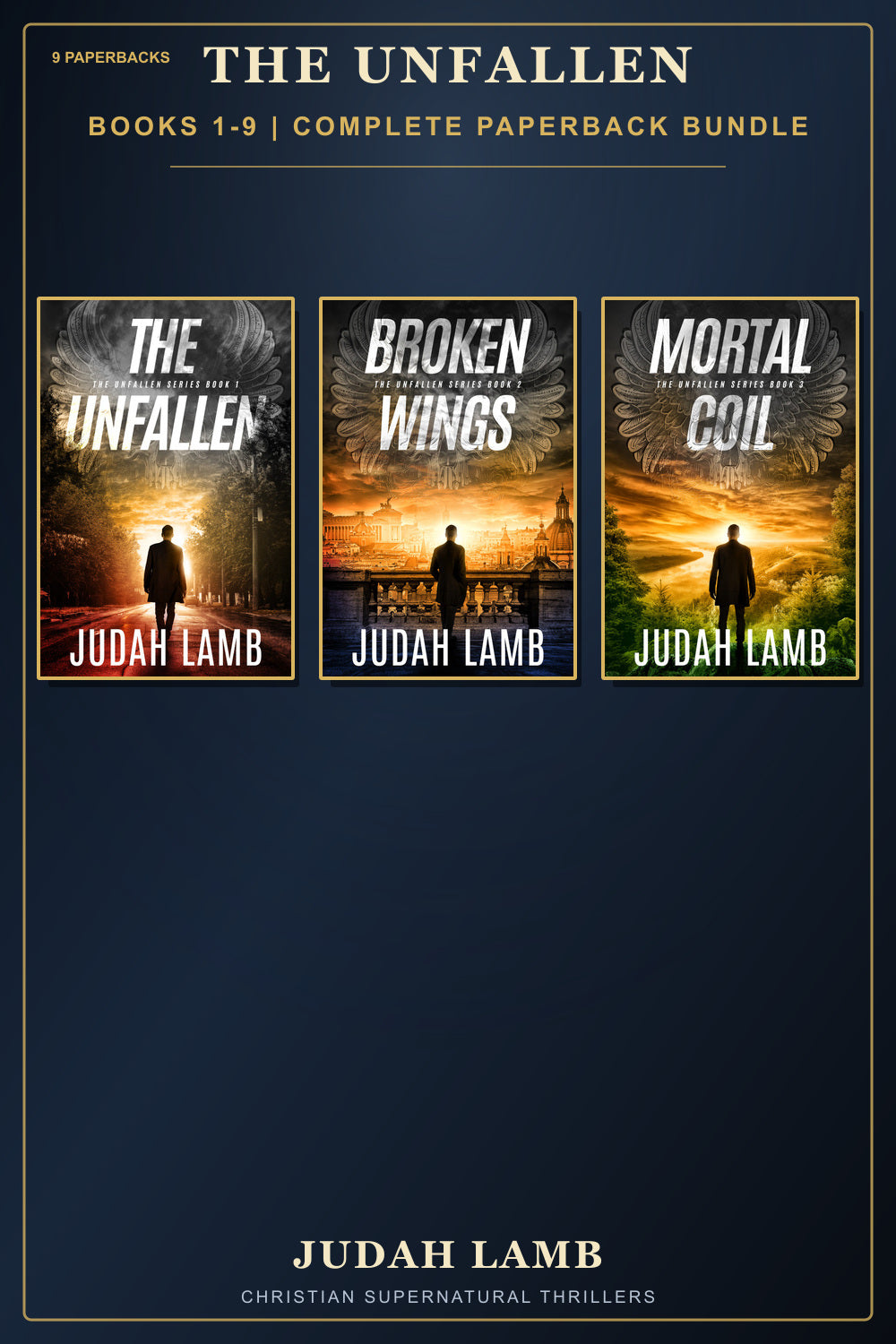 The complete Unfallen Books 1 through 9 paperback bundle by Judah Lamb, featuring the first three covers