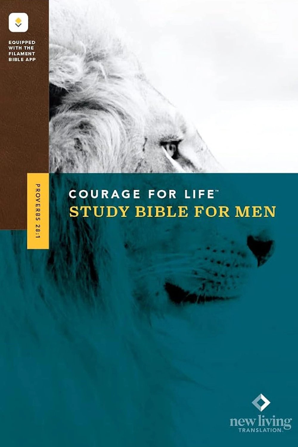 Front of the retail box for the NLT Courage for Life Study Bible for Men, featuring a white lion above a teal title panel.