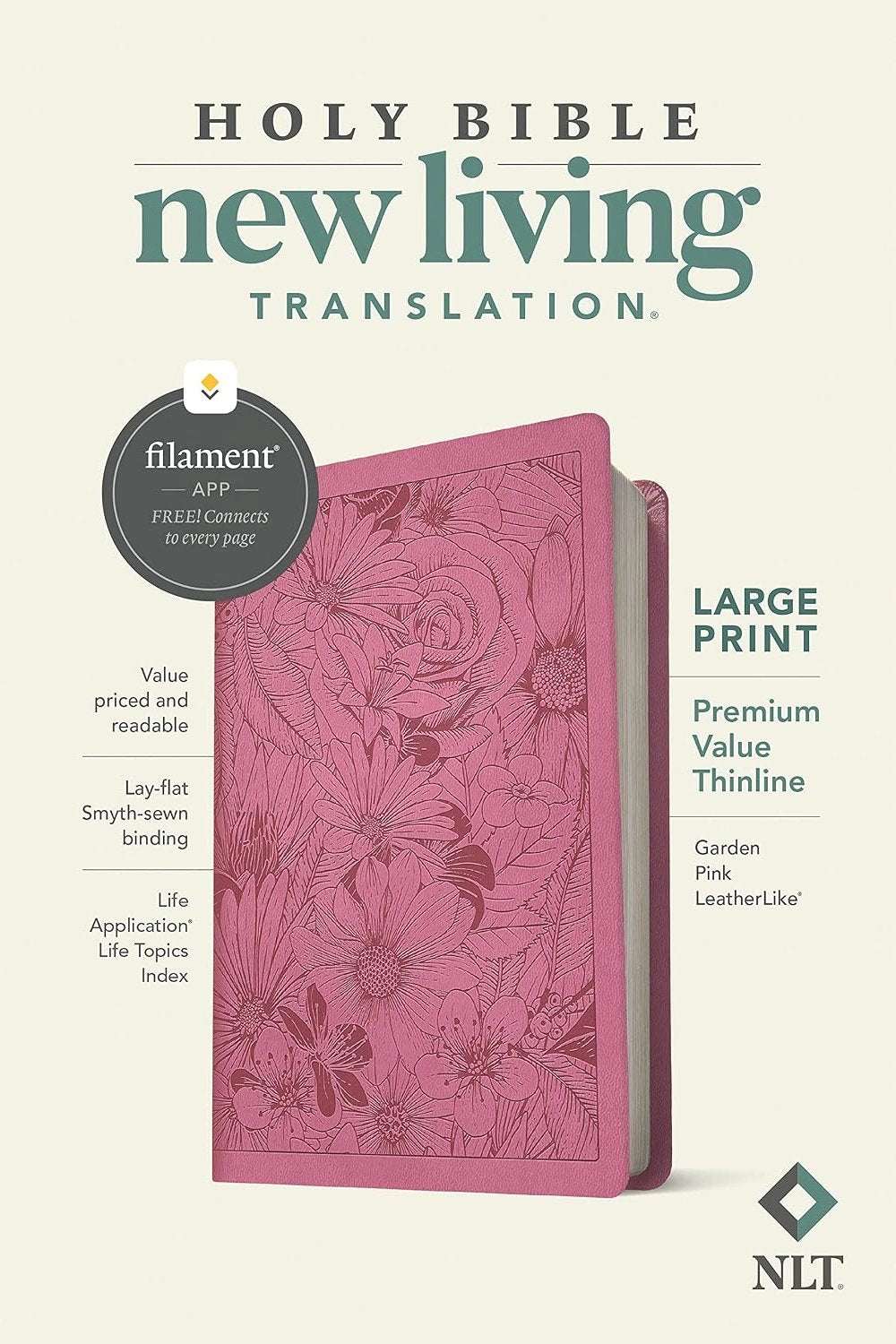 Cream retail box for the Garden Pink NLT Large Print Thinline Bible, showing its floral cover, large-print label and Filament app symbol.