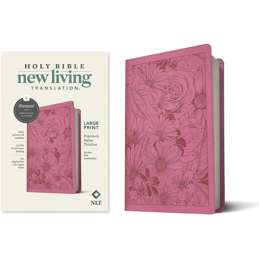 Garden Pink NLT Large Print Thinline Bible beside its cream retail box, showing the embossed pink floral cover.