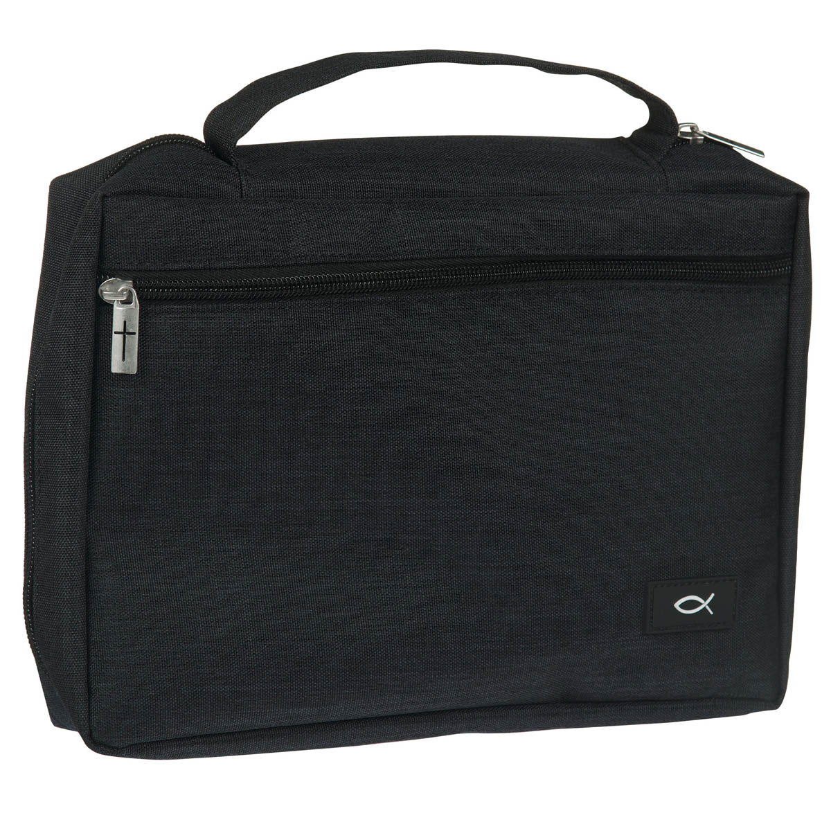 Angled view of black Ichthus Bible cover showing zip pocket and handle