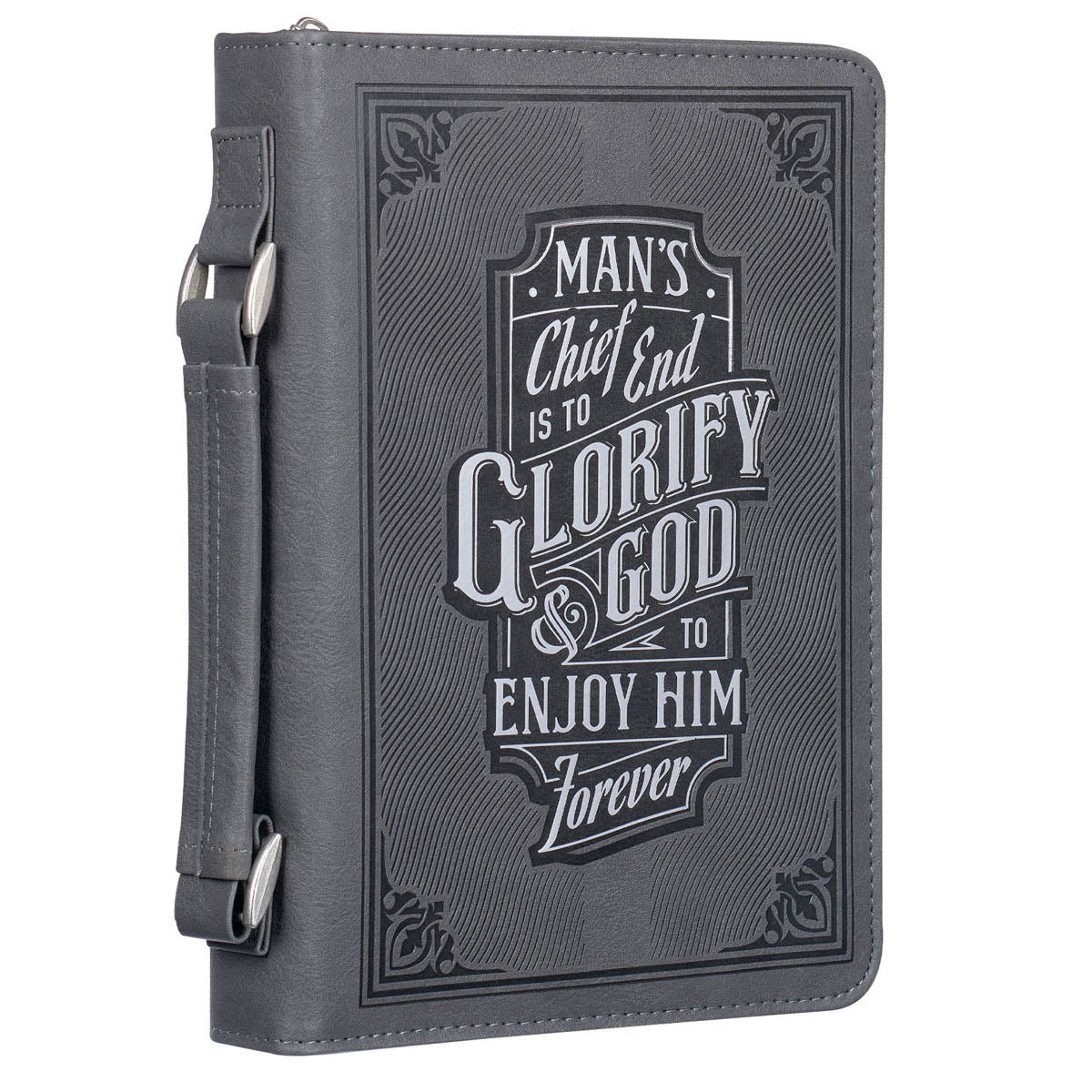 Angled view of gray Glorify God Bible cover showing handle and zipper