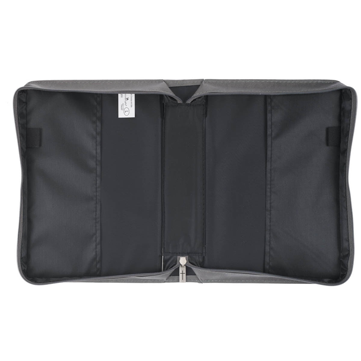 Open gray Glorify God Bible cover showing interior slip pockets and two pen loops